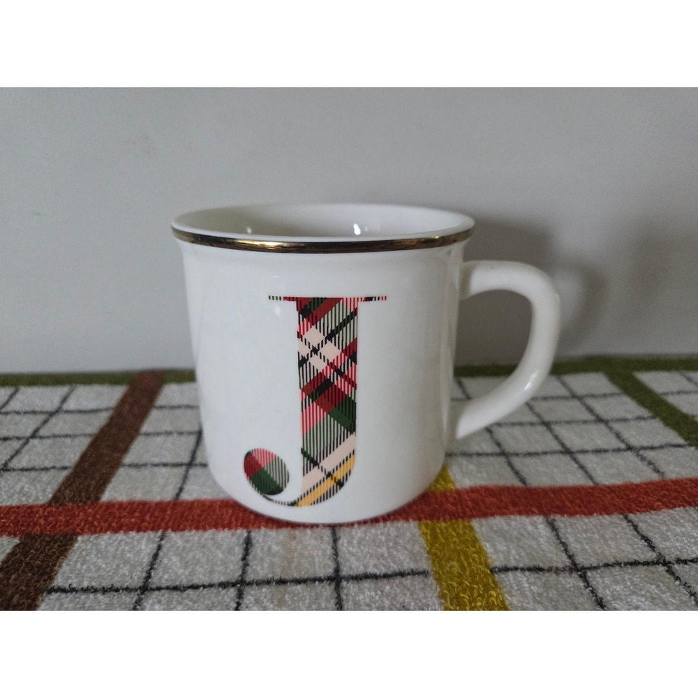 Pottery Barn Plaid Monogram J Coffee Mug White Ceramic Gold Rim Holiday Mug